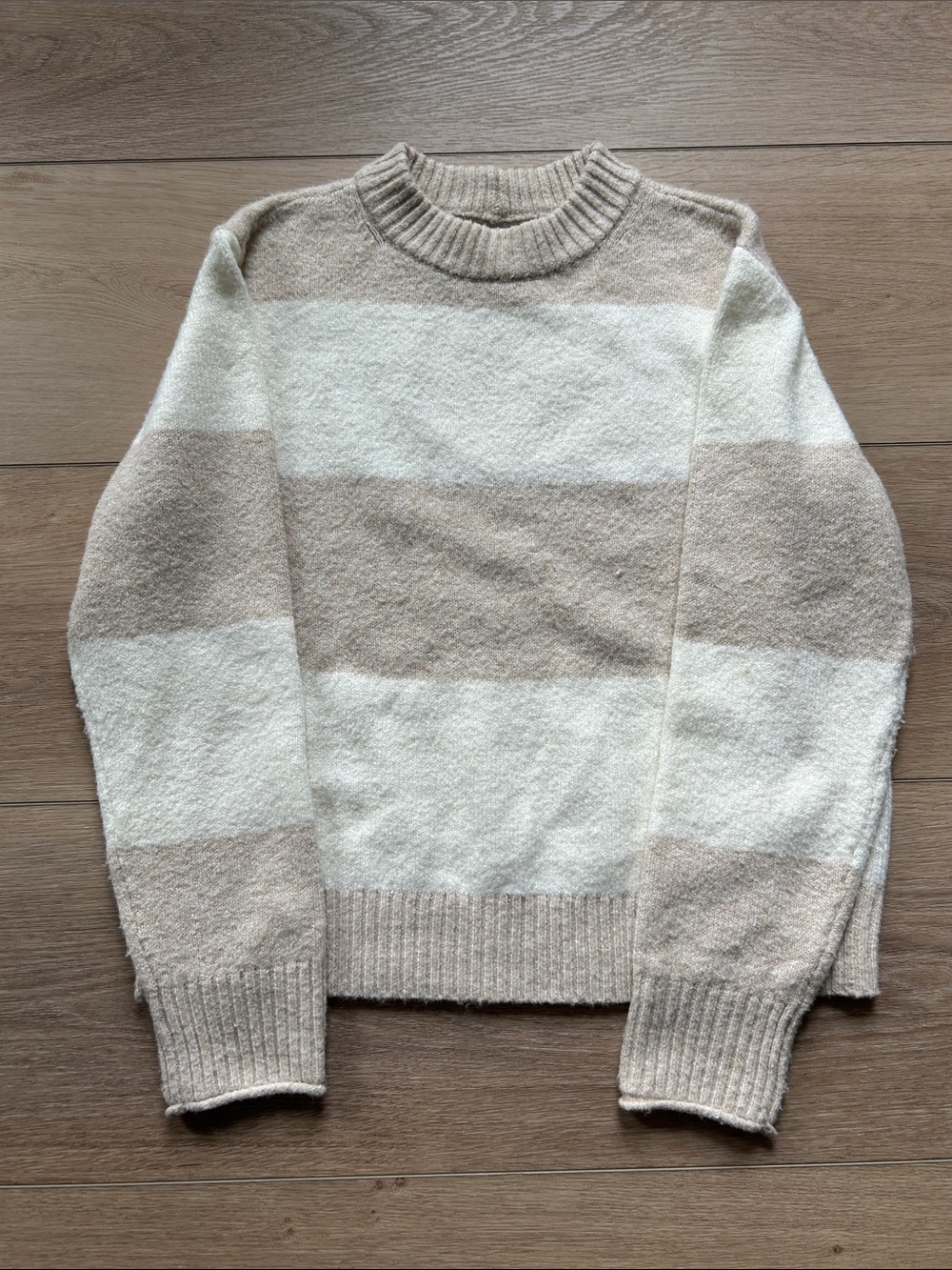 American Eagle Outfitters Striped Crewneck Sweater in Cream and Tan